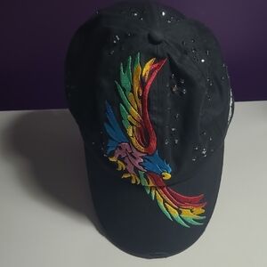 SUSAN FIXEL SWAROVSKI BLACK Colorful Embroidered  EAGLE Bird DISTRESS FRONT CAP